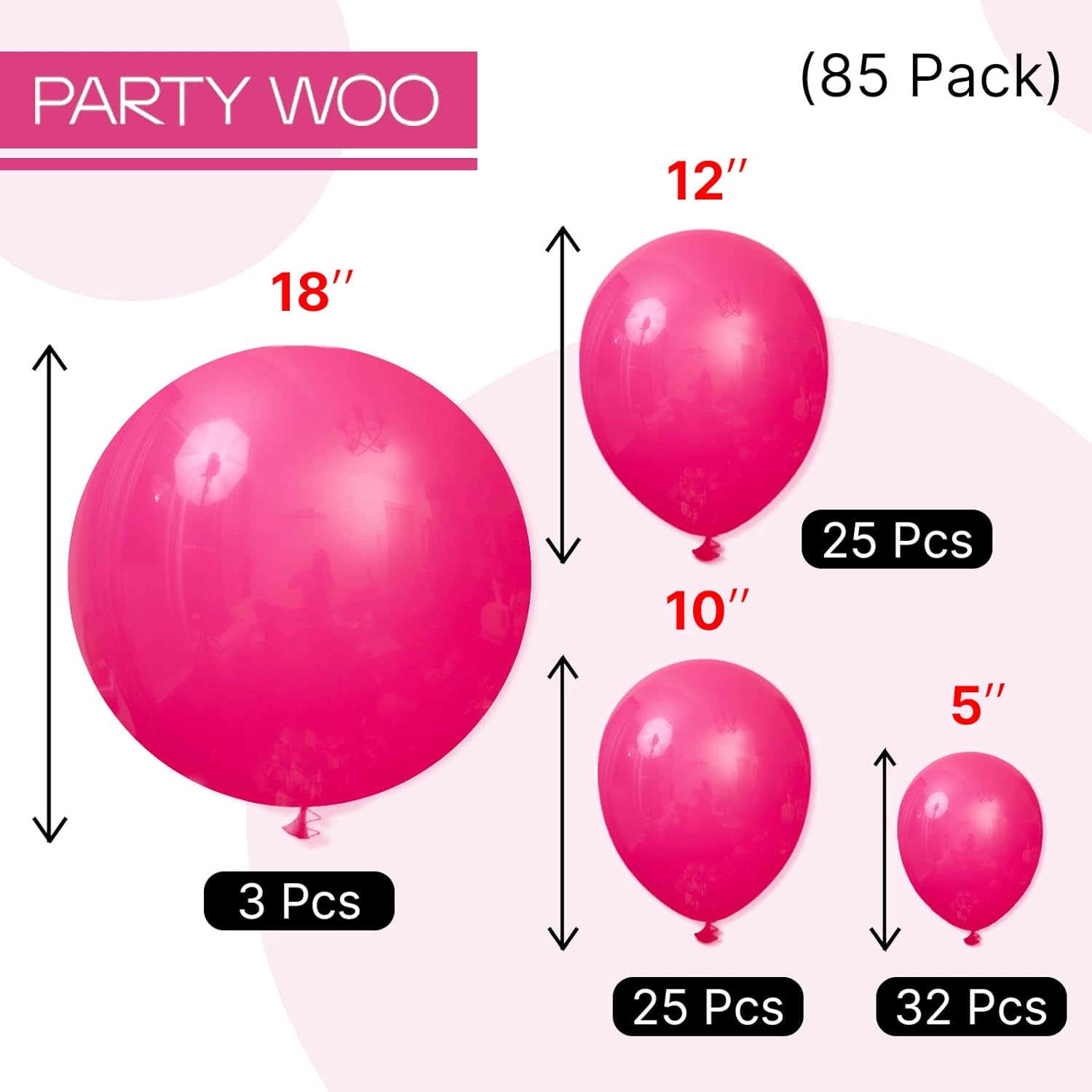 PartyWoo Hot Pink Balloon Arch Kit - 85 Pcs in 5-18 Inch Sizes for Baby Showers, Weddings & Birthdays