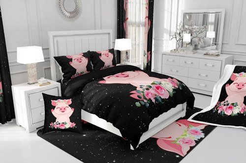 Erosebridal Pink Pig Comforter Set for Girls Kawaii Room Decor Queen, Rose Floral Leaf Duvet Insert for Kids Boys Children Cute Farm Animal Quilt Cartoom Style Soft Lightweight Bedding Set 3 Pieces