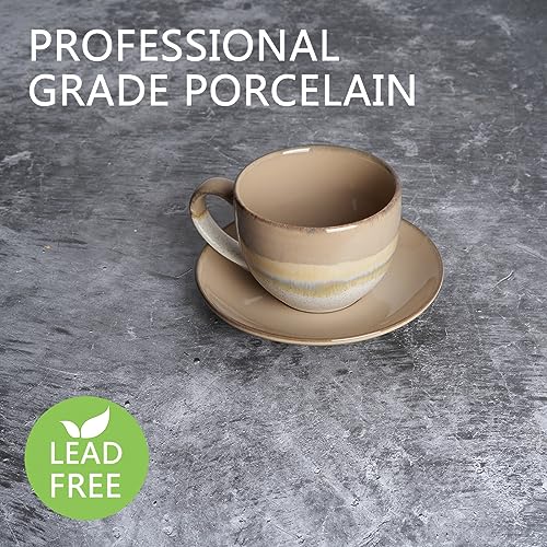 Bosmarlin Brown Ceramic Cappuccino Cup & Saucer Set of 2, 10 Oz Coffee Mugs