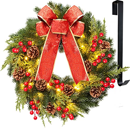 Christmas Wreath 16 Inches, with Metal Hanger, Pre-Lit Artificial