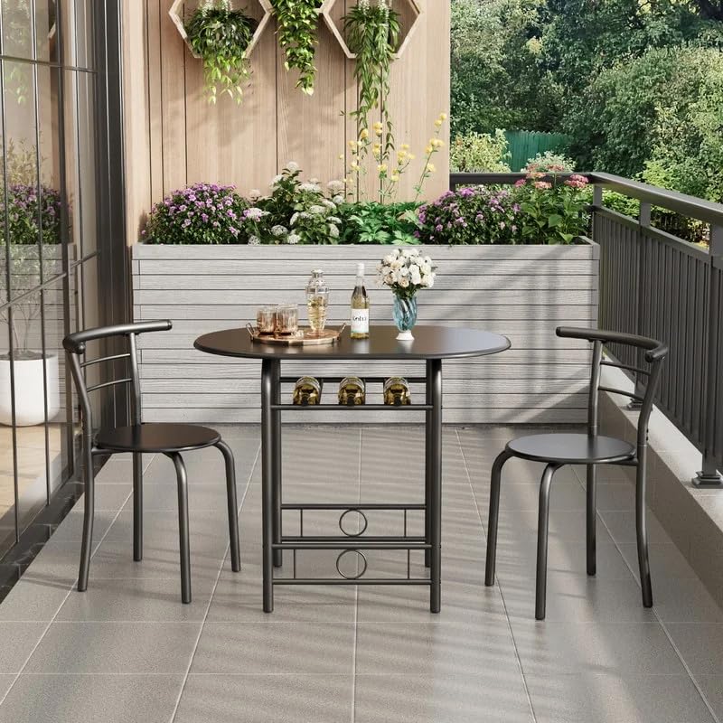 3-Piece Round Dining Table Set for 2 with Storage Shelf and Metal Frame