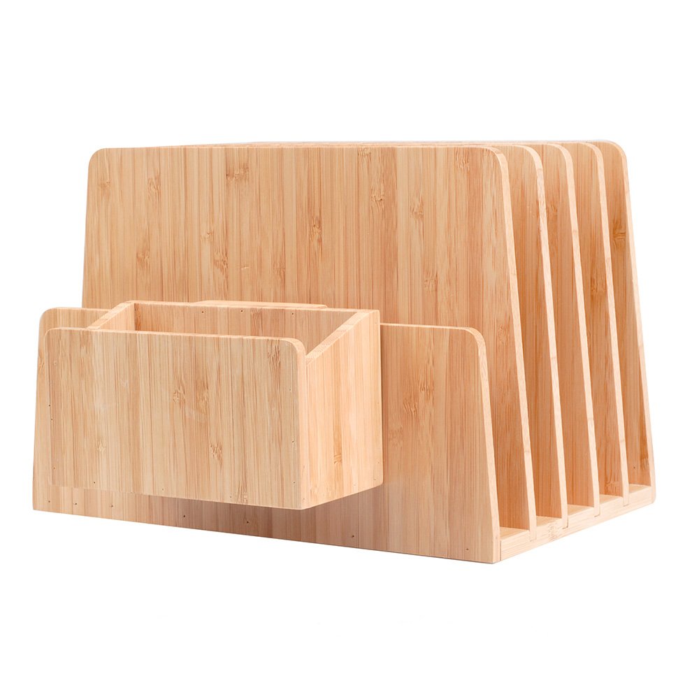 MobileVision Bamboo Desktop File Folder Paper Tray, 5 – Slot, PLUS Caddy COMBO for pens, highlighters, notepads, and small office supply storage