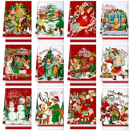 FuWeave 12 Pack Christmas Kitchen Towels - Holiday Dish Towels for Kitchen & Housewarming Gift
