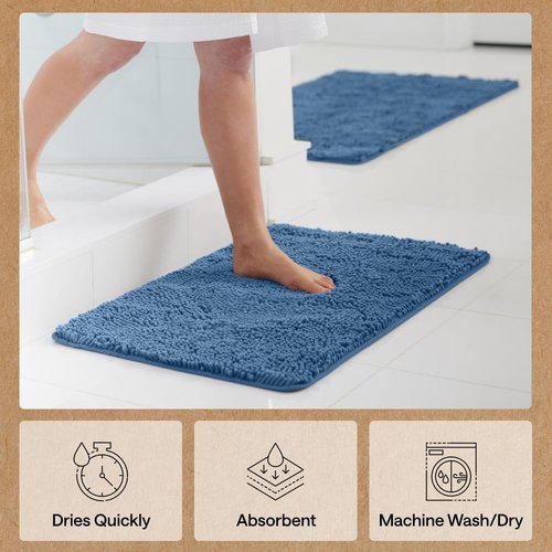GORILLA GRIP Bath Rug Mat - Thick Soft Absorbent Chenille | Quick Dry Microfiber, 36x24, Blue