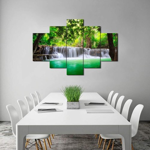 5 Panels Large Waterfall Canvas Painting Beautiful Green Forest Wall Art Stream Water Scenery Picture Nature Poster Print Wooden Artwork Home Decor for Living Room Bedroom Office Framed (60''Wx40''H)