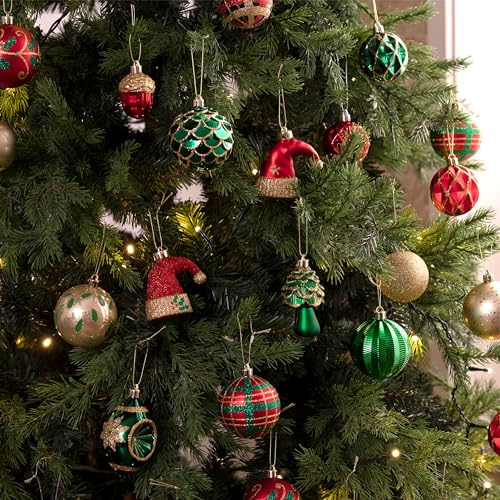 Valery Madelyn 70ct Christmas Tree Ball Ornaments Set - Rustic Red Green Gold, Large Variety