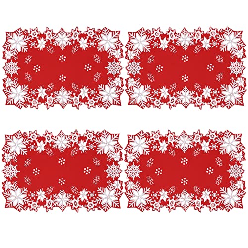 Simhomsen Red Embroidered Snowflakes Christmas Table Placemats Set of 4 13x19 Inches