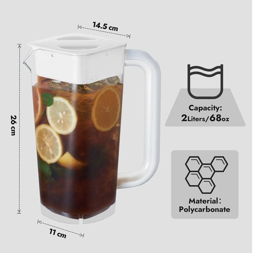 CURTA 1 Pack 2 Liters/68 oz Plastic Square Pitcher with Lid & Handle for Kitchen,ICED JUICE and Coffee Carafe Beverage Serveware, Acrylic Water Jug for Hot/Cold Drinks&lemonade