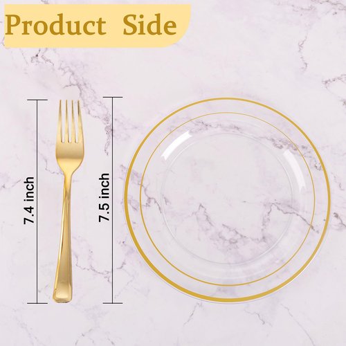 I00000 72 Pcs Clear Plastic Dessert Plates 7.5" & 72 Pcs Gold Disposable Forks 7.4", Clear Small Plates,Nice Dessert Plates,Fancy Salad Plate,Gold Cake Plate for Party, Occasions, Wedding