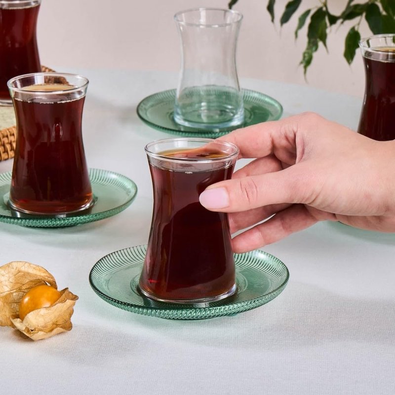 KARACA Juliet Turkish Tea Cups Set of 12, 170ml/5.74oz Turkish Tea Glasses with Green Detail Saucers for 6 People, Ideal Glass Set for Mother's Day and Housewarming