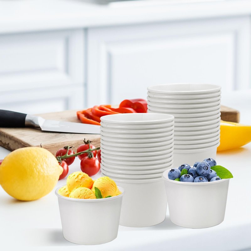 TKOnline 100 Pcs 9 Ounce White Paper Ice Cream Cups Disposable Soup Bowls Treat Snack Cups Disposable Paper Cups Dessert Bowls for Hot or Cold Food, Frozen Yogurt, Sundae, Soup ﻿