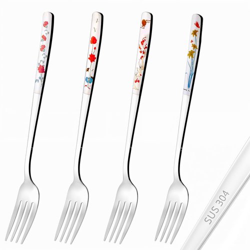 4Pcs 8" Korean Forks 18/10 Stainless Steel Forks Silverware Flatware Louise Kitchen Salad Dessert Fork with Flower Pattern for Dinner Cutlery Home Restaurant, Mirror Finish, Dishwasher Safe