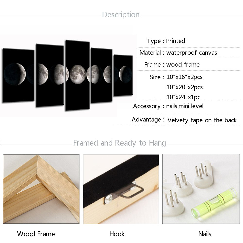 sechars Moon Phases Canvas Wall Art Decor Black and White Lunar Moon Pictures Paintings for Home Office Decorations Framed Ready to Hang