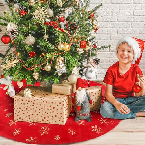 48in Red Faux Fur Christmas Tree Skirt with Gold Sequin Snowflakes