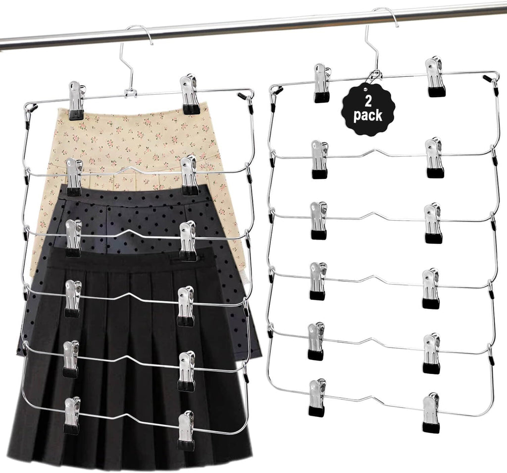Skiennix Skirt Pants Hangers - Space-Saving Metal Clips for Organized Clothing | Black 2-Piece Set