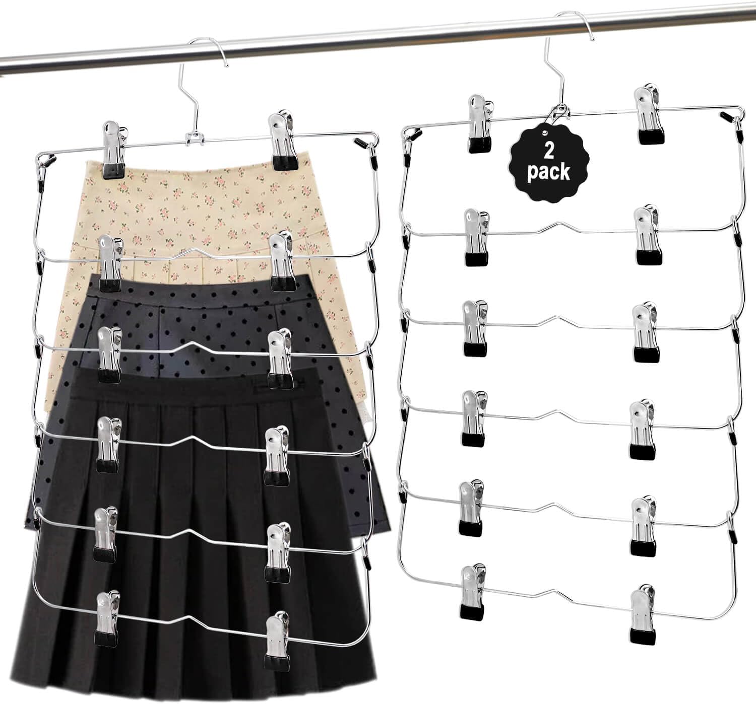 Skiennix Skirt Pants Hangers - Space-Saving Metal Clips for Organized Clothing | Black 2-Piece Set