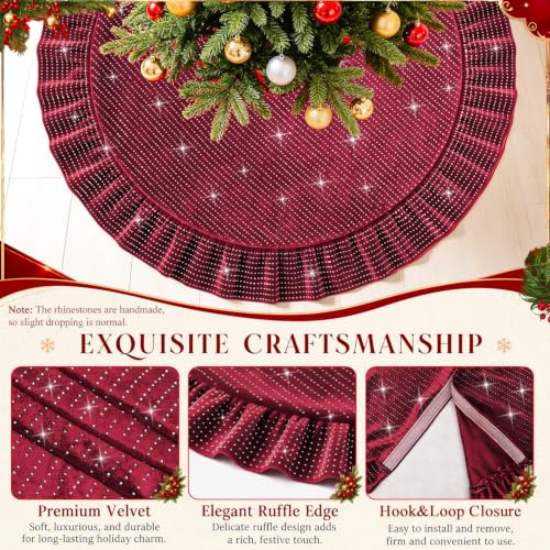 FANPROMS Burgundy Christmas Tree Skirt 60 Inch Sequin Ruffled Holiday Decor
