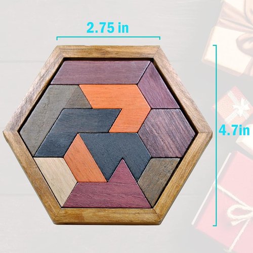 KINGOU Hexagon Tangram Puzzle | Wooden Brain Teaser for Kids & Adults - Fun Family Challenge Game