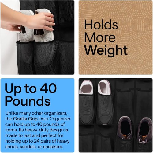 GORILLA GRIP Over The Door Shoe Organizer - 2 Pack with 24 Breathable Mesh Pockets | Space-Saving Storage for Shoes & Accessories, Black