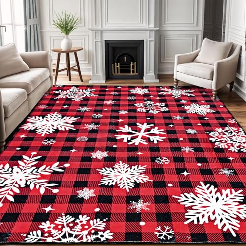 FRAMICS Christmas Area Rug 3x5 ft Red Snowflake Buffalo Plaid Non Slip Washable for Living Room, Bedroom, Kitchen