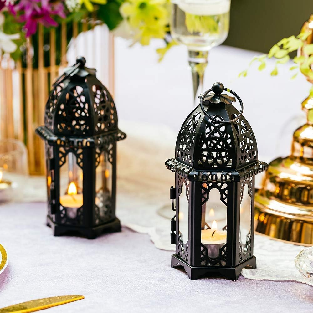 NUPTIO Moroccan Style Candle Lanterns - Small Tealight Holders with Glass Panels | Perfect for Events, Weddings & Patio Decor (2 Pcs, Black)