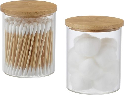 INIUNIK Glass Qtip Holder - Elegant Vanity Tray & Apothecary Jar Organizer for Cotton Balls, Swabs & Accessories