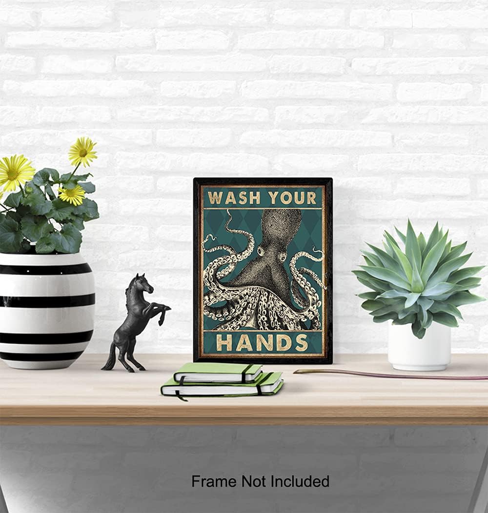Octopus Nautical Bathroom Wall Art - Funny Beach Decor | Unique Wash Your Hands Sign - Cute Restroom Artwork