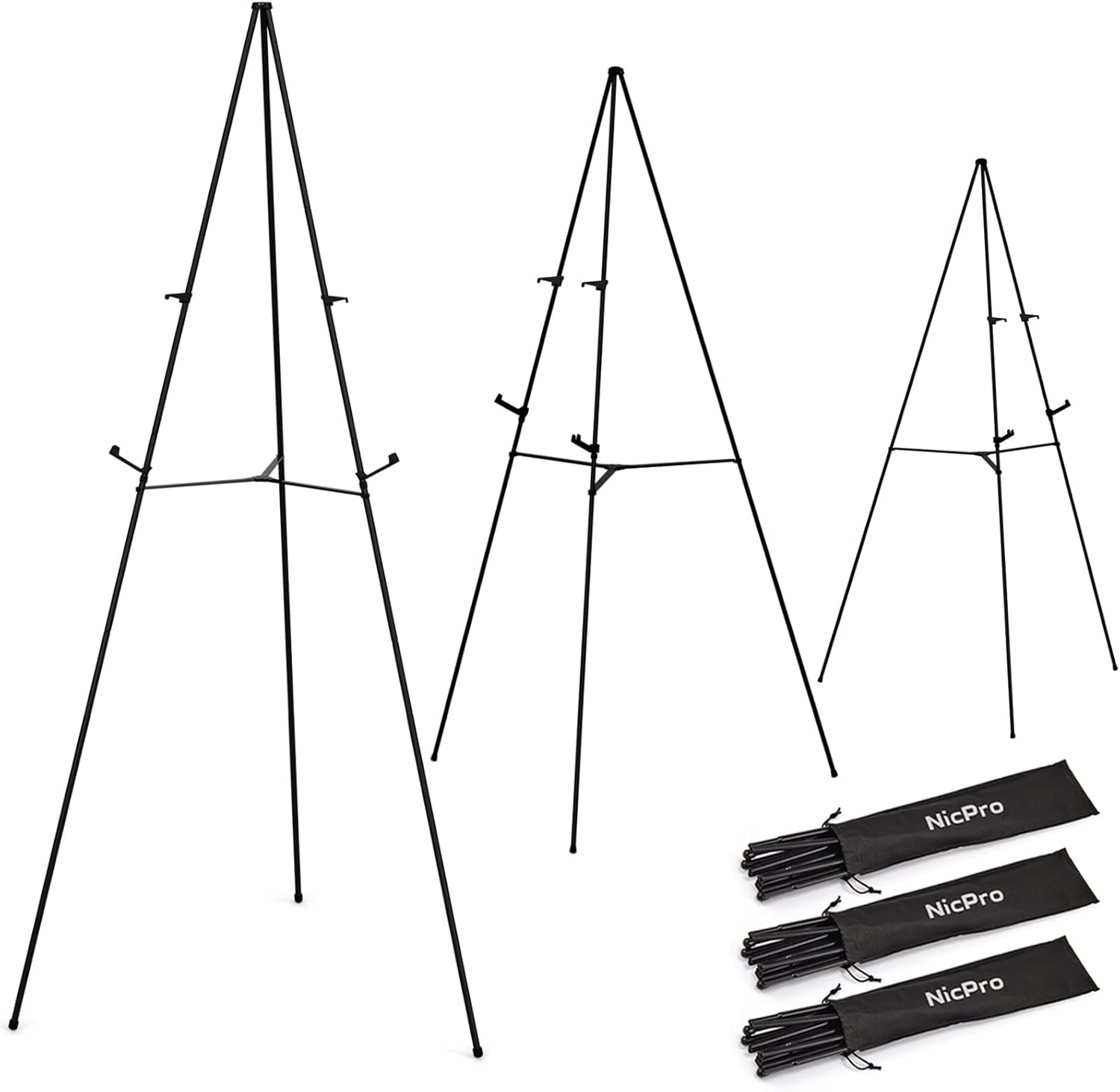 Nicpro Folding Easels - 63 Inch Metal Tripod Stand for Artists & Weddings | 3 Pack with Carry Bag
