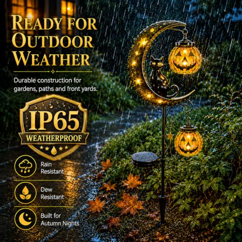 Solar Halloween Black Cat & Pumpkin Moon Outdoor Garden Stake Light