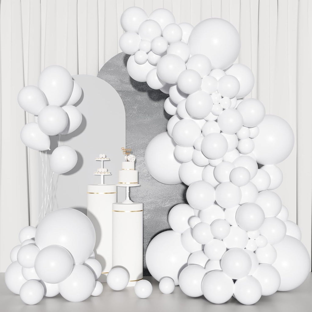 Ouddy White Balloon Set - 129Pcs in Various Sizes with 6Pcs 18” Matte Arch Garland Kit | Perfect for Parties & Celebrations