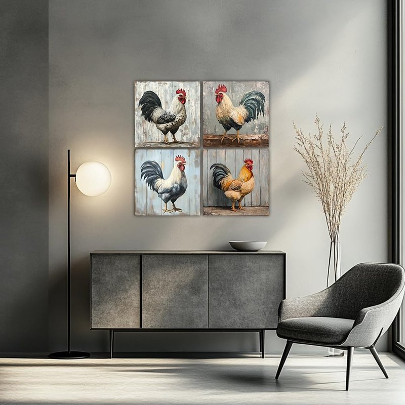 Rooster Canvas Wall Art 4 PCS Farmhouse Kitchen Chicken Paintings Rustic Farm Animal Picture Prints for Living Room Bedroom Bathroom(Rooster-2,12x12inchx4 Pieces (30x30cmx4 Pieces))