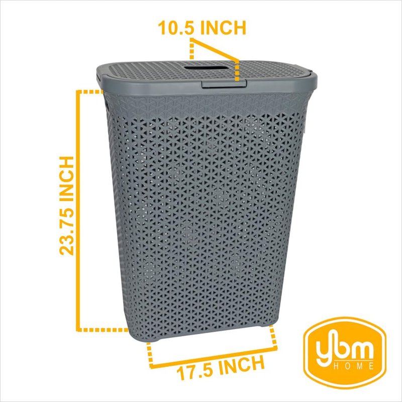 YBM Home Plastic Rattan Laundry Hamper Basket with Hinged Lid, Ventilation Holes, Durable, Lightweight Bin With Cutout Handles, Storage Dirty Clothes, Space Saver, 10.5" x 17.5" x 23.75", Grey