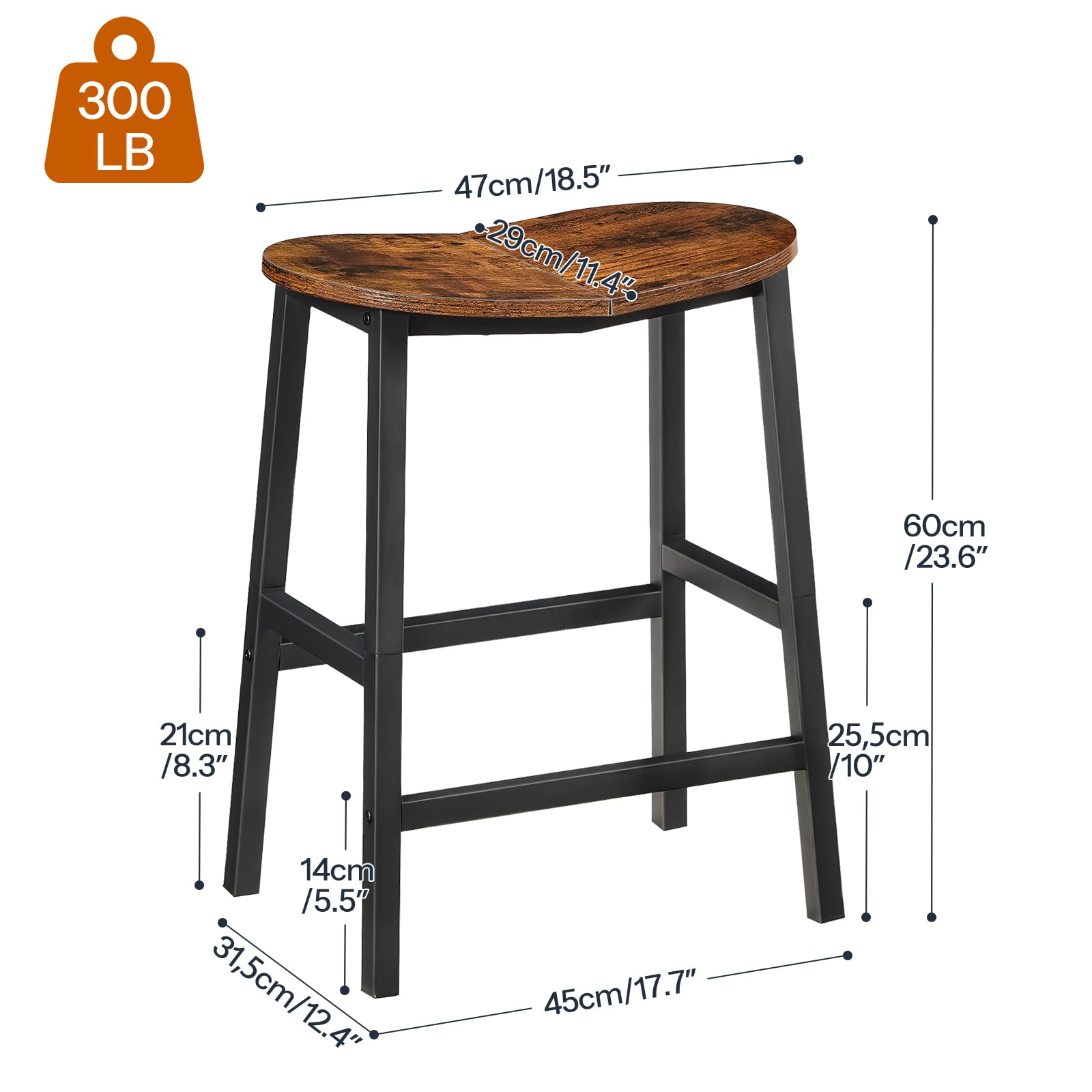 HOOBRO Bar Stools Set of 2, Counter Height Bar Stools, 23.6 Inch Barstools for Kitchen Counter, Kitchen Stools with Footrests, Saddle Barstools for Dining Room, Rustic Brown and Black BF57MDP201
