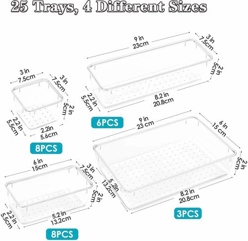 Clear Plastic Drawer Organizer Set by [Brand Name] - 25 Versatile Storage Bins & Trays | Non-Slip for Bathroom, Kitchen & Office