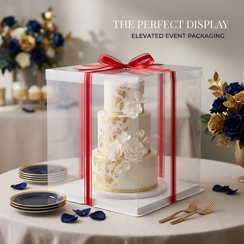 Sweet Degrees Clear Cake Box 13x13x14 Inch 2 Pack | Tall Cake Boxes for Tiered Cakes | Square Cake Carrier with Lid | Clear Gift Box for Wedding Birthday Bakery Display | PET Plastic, Ships Flat