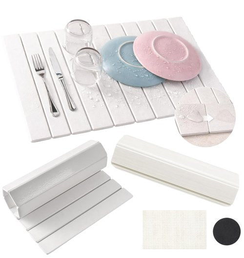 Large Stone Dish Drying Mats for Kitchen Counter, Foldable Quick Drying Mats, Eco-Friendly, diatomaceous earth bath mat, tapete de piedra absorbente para cocina 24" L x 16" W Inches (WHITE, LARGE)