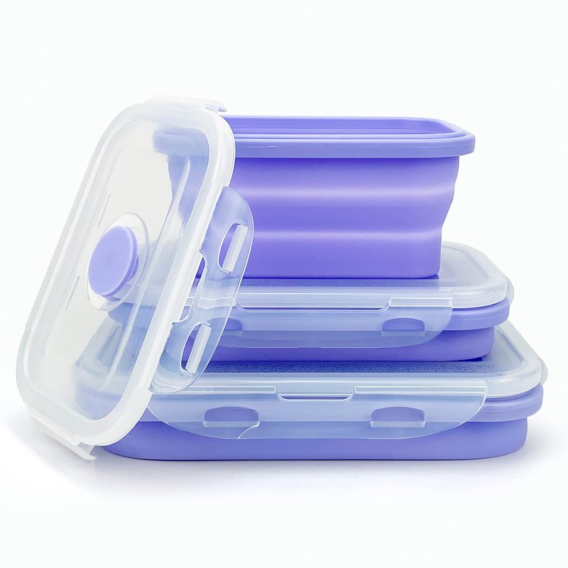 Lunbengo Purple Collapsible Meal Prep Containers Camping Bowls Silicone Bento Box with Airtight Plastic Lid, Microwave Safe, Portable Lunch Container, For Food Storage, Travel and Hiking, 3Pack