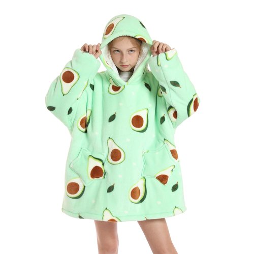 Deserthome Wearable Blanket Hoodie for Kids 4-12YR Oversized Hooded Blanket Super Soft Comfortable Warm Flannel Green Avocado