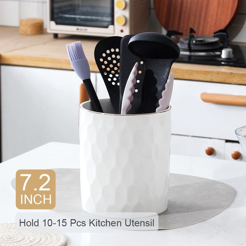 YOSCO Kitchen Utensil Holder, Large Ceramic Cooking Utensil Holder with Gold Line Modern Utensil Crocks (W6.1” x H7.2”) for Kitchen Counter-Farmhouse, Housewarming Gift (White-7.2 INCH)