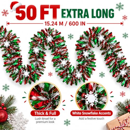 STARREY Christmas Tree Garland 50 Ft Red Green Snowflake Tinsel – Red Green Snowflake