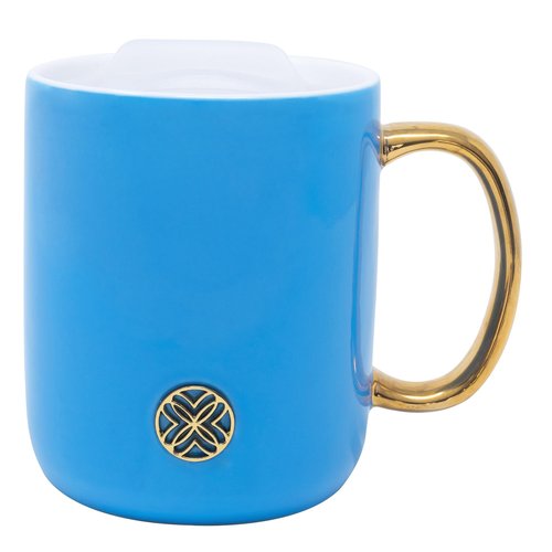 Lilly Pulitzer Ceramic Coffee Mug, 13 Oz Tea Cup with Silicone Lid and Gold Logo, Cute Mug with Gold Handle (Blue Stream)