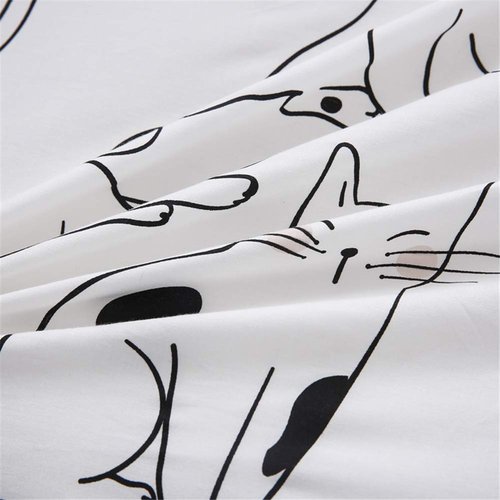LAYENJOY Cats Duvet Cover Set Queen, 100% Cotton Bedding, Various Cartoon Cats Pattern Printed on White Reversible Black Plaid, 1 Comforter Cover Full and 2 Pillowcases for Kids Teens Boys Girls