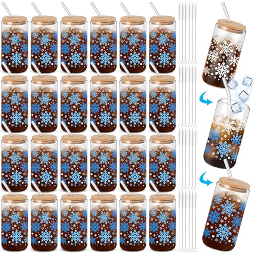Yetene 24 Pack Snowflake Color Changing Glass Tumblers with Lids & Straws - Winter Holiday Drinkware