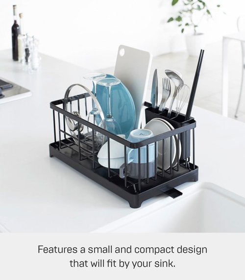 YAMAZAKI Home Tower Wire Dish Drainer Rack with Removable Drainer Tray with Drainage Spout, Utensils Holder - Steel -
