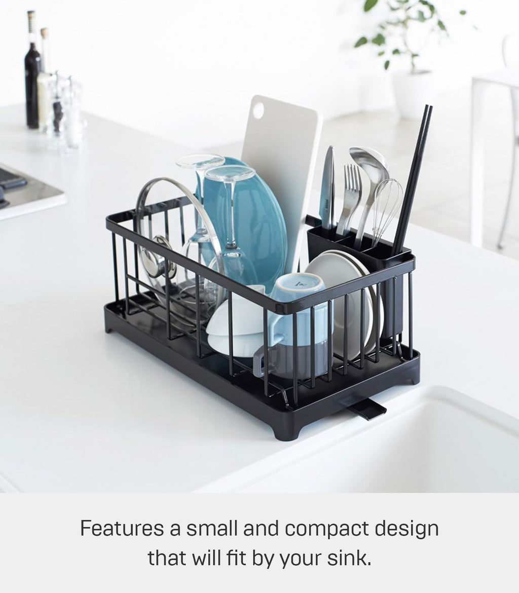YAMAZAKI Home Tower Wire Dish Drainer Rack with Removable Drainer Tray with Drainage Spout, Utensils Holder - Steel -