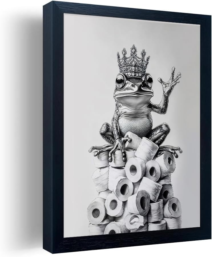 Orvannaatr Bathroom Wall Art - Framed Black and White Frog Decor | Playful Toilet Paper Design