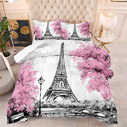 Pink Eiffel Tower Comforter Set Queen Size - French Style Bedding