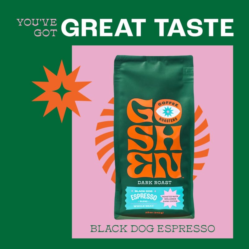 Goshen Coffee Roasters Whole Bean Black Dog Espresso Blend | Dark Roast, Espresso or Brewed | Award-Winning, Natural and Washed | Roasted Nuts, Molasses, Dark Cocoa Flavors | 12 Oz Bag