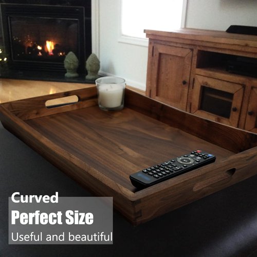 MAGIGO 22 x 14 Inches Large Rectangle Curved Black Walnut Wood Ottoman Tray with Handles, Serve Tea, Coffee, Classic Wooden Decorative Serving Tray