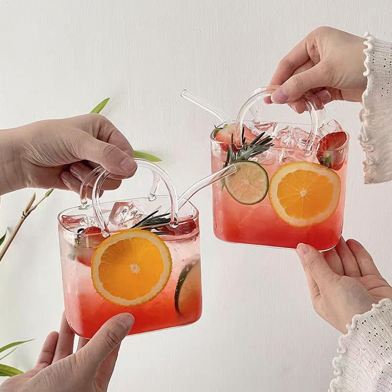 Handbag Shaped Glass Cup with Straw - 26oz Trendy Drinking Glass